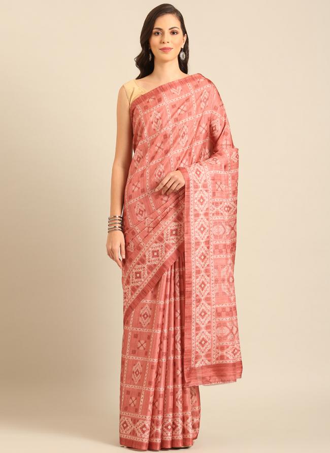 Cotton Peach Casual Wear Printed Saree